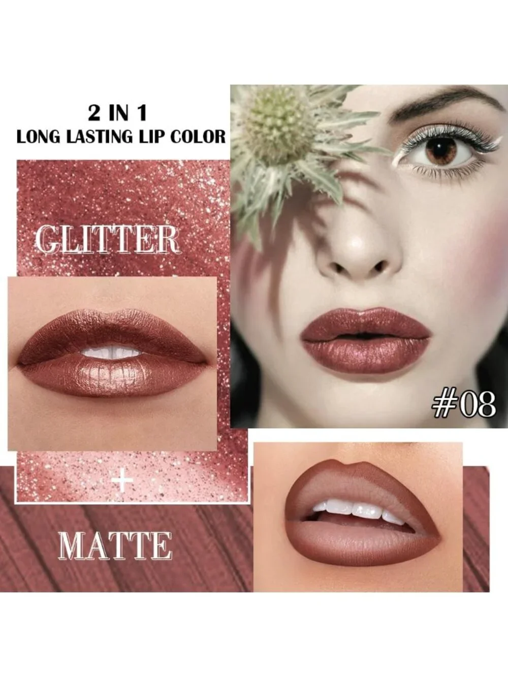 Women's 08# Brown-Metallic 2-in-1 Metallic Long Lasting Lipstick And Lip Liner
